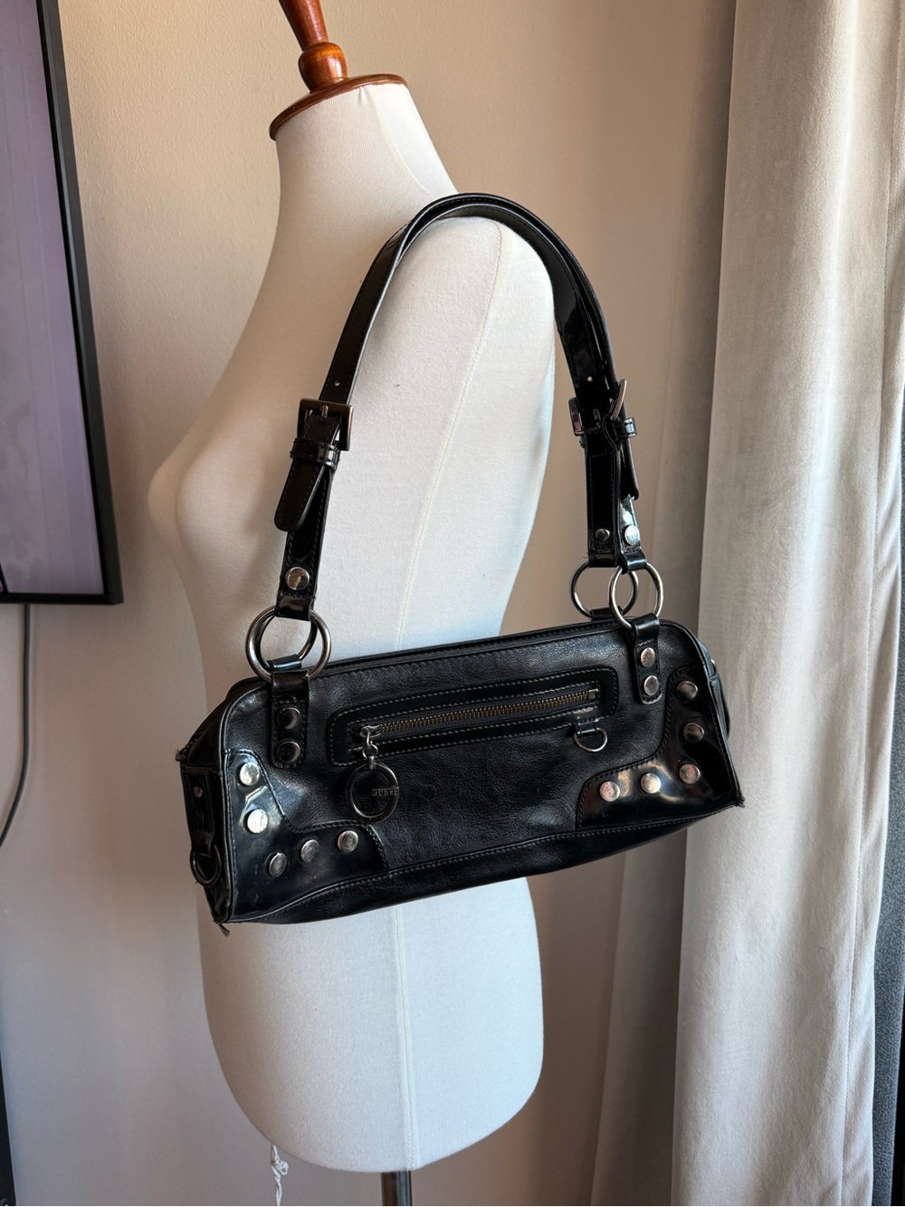 Vintage Guess Black Studded Leather Shoulder Bag